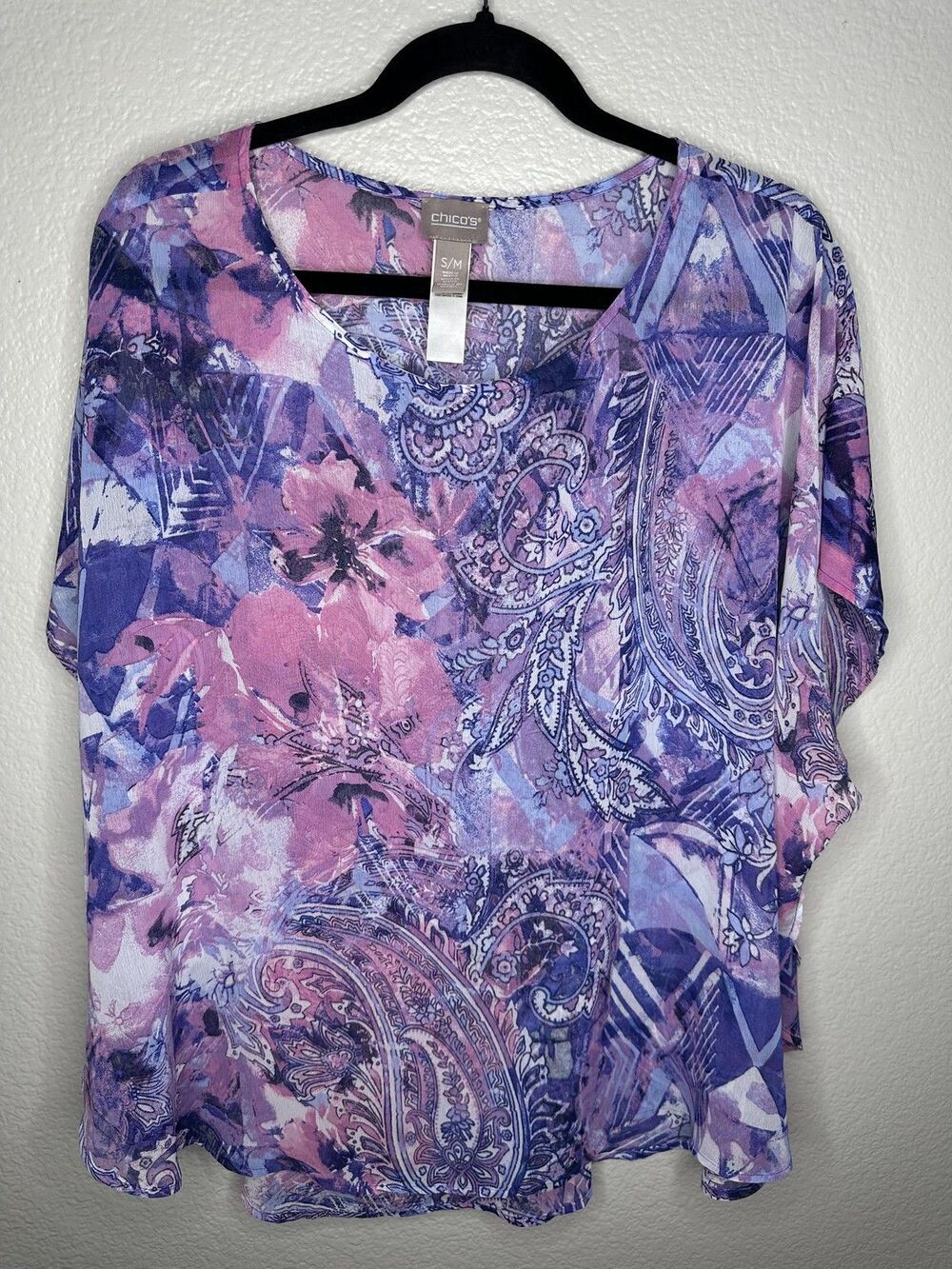 Chico's Shirt Womens Small/Medium Purple Pink Paisley Floral Lightweight Dolman